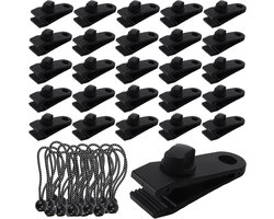 60 Stuks Zwarte Zeilclips met Rubber Bands - 30 Tensioners en 30 Tarp Clips voor Hangmat, Kamperen en Picknick