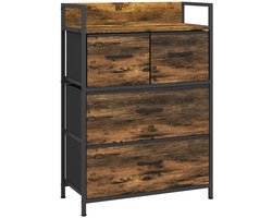 60 x 29 x 85 cm Bruin Zwart Stoffen Kommode met 4 Laden, Ladekast, Sideboard, Opbergkast, Stoffen Ladenkast, Kast met Stalen Frame, Industri毛le Opbergkast voor Slaapkamer, Woonkamer, Hal en Kantoor