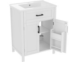 60 x 46 x 84,8 cm Staande badkamerkast met wastafel, badmeubel, volledig gelakt, dubbele deurplanken, praktische lades, verstelbare planken, geïntegreerde keramische wastafel, wit