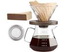 600 ml borosilicaatglazen Pour Over koffiezetapparaat - 100 V02-papierfilters - walnoothandvat - druppelkoffiezetapparaat voor thuis café restaurant camping - 3 kopjes