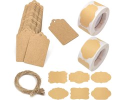600 Stuks Natuurlijke Kraft Papieren Stickerset met Zelfklevende Verwijderbare Etiketten voor Voedsel, Flessen en Cadeaus, 6 Vormen Lege Labels voor Organisatie en Decoratie
