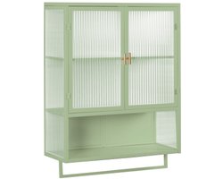 60CM Glazen Deuren Twee-deurs Wandkast met Twee-laags Gesloten Opbergruimte, een Open Plank en Handdoekenrek, voor Entree Woonkamer Badkamer Eetkamer, Groen