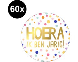 60x Sticker Hoera Ik Ben Jarig - 38mm - Hoera Goudfolie - Verjaardag - Sluitsticker - Sluitzegel - Cadeau Sticker - Stippen Multicolor - 60 Stuks