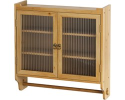 63CM Glazen Deur Vintage Dubbele Deur Wandkast Met Drie Lagen Opslag Met Handdoekenrek, Voor Badkamer, Keuken, Eetkamer, Houtkleur