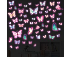 64-delige Glow-in-the-dark Vlinderwanddecoraties, Lichtgevende Gekleurde Vlinderstickers Voor Op Het Plafond, DIY-wanddecoratie Voor Woonkamers, Geschikt Voor Slaapkamers, Kinderkamers En Babykamers，Roze