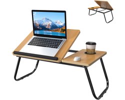 64x33x28cm laptoptafel in hoogte verstelbaar & opvouwbaar - Lapdesk met bekerhouder, 5-traps hellingsregeling & dubbel oppervlak - Bedtafel, notebooktafel voor bank, studeren, thuiskantoor (walnoot)