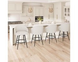 65 cm 360° draaibare barkrukken set van 4, beige linnen, voor keukeneiland | Ergonomische barkrukken met rugleuning, stevig metalen frame en voetsteun