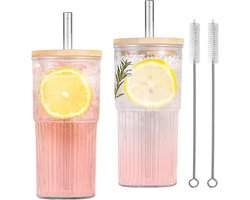 650ml Glazen Bekers met Deksel en Rietje - Drinkglazen met Deksel - Dikke Mason Jar Grote Capaciteit - Set van 2
