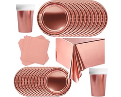 69 Stuks Wegwerp Tafelgerei voor Verjaardagen en Feestjes - Roze Goud Papieren Borden, Bekers, Servetten en Tafelkleed voor Kinderfeestjes, Barbecues en Vakantie Picknicks (16 Gasten)
