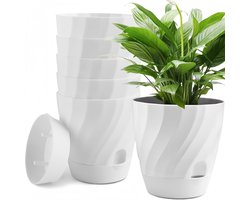 6pcs Self Watering Plant Pots - 4.7 Inch Round Plastic Flower Pot - Thicken Garden Plant Container for Succulent Herb Orchid Mint Home Bonsai Plants - with Pouring Hole Drainage and Saucer