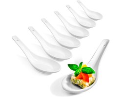 6x Aziatische soeplepels - rijstlepels van wit porselein - serveerlepels voor rijstkommen, ramen, voorgerechten, desserts - porseleinen lepelset - dim sum lepels (6 stuks - wit)
