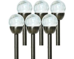 6x Buiten/tuin LED RVS bollen stekers Navi solar verlichting colour changing 24 cm - Tuinlampen - Solarlampen op zonne-energie