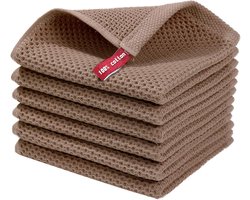 6x Katoenen Theedoeken Taupe/Bruin – Wafeldoek / Vaatdoek – Keukendoek 30x30 cm – Pluisvrij & Sneldrogend