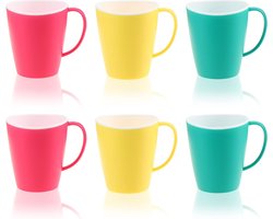 6x koffiebekers met handvat - herbruikbare plastic drinkbekers - plastic bekers in felle kleuren - onbreekbare theepot (06 stuks - 350ml - Groen/Geel/Roze)