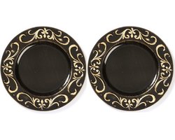 6x Ronde diner/kerstdiner borden/onderborden zwart met goud 33 cm - onderbord/onderzet bord