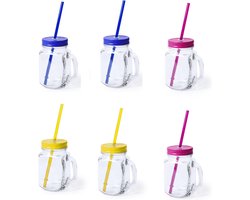 6x stuks Glazen Mason Jar drinkbekers met dop en rietje 500 ml - 2x geel/2x blauw/2x roze - afsluitbaar/niet lekken/fruit shakes