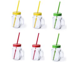 6x stuks Glazen Mason Jar drinkbekers met dop en rietje 500 ml - 2x geel/2x groen/2x rood - afsluitbaar/niet lekken/fruit shakes