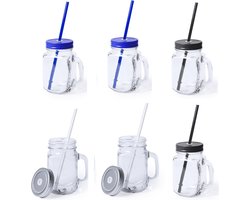 6x stuks Glazen Mason Jar drinkbekers met dop en rietje 500 ml - 2x zilver/2x blauw/2x zwart - afsluitbaar/niet lekken/fruit shakes