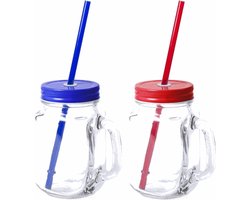 6x stuks Glazen Mason Jar drinkbekers met dop en rietje 500 ml - 3x blauw/3x rood - afsluitbaar/niet lekken/fruit shakes