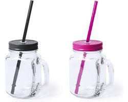 6x stuks Glazen Mason Jar drinkbekers met dop en rietje 500 ml - 3x zwart/3x roze - afsluitbaar/niet lekken/fruit shakes