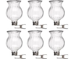6x Vaasjes transparant glas met clip 6 x 4 cm - Vaas met bevestigingsclip - woondecoratie / woonaccessoires
