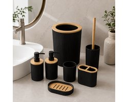 7-Delige Badkamer Accessoires Set, Geribbeld Zwart Sanitair Set met Bamboe Rand, Zeepdispenser, Tandenborstelhouder, WC Borstel, Zeepbak, Bekers, Prullenbak, Complete Badkamer Decoratie voor Wasbak, Modern Badkamer Organisatie,Zwart