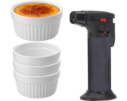 7-Delige creme brulee set met witte schaaltjes en een grijze brander