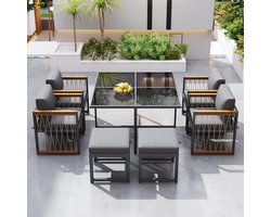 7-delige eettafel- en stoelenset voor buiten voor 6 personen, tafel van gehard glas, handgeleuningplaat van acaciahout, geschikt voor maaltijden in achtertuin, terras