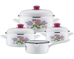 7-delige emaille pannenset Hortensia - Geschikt voor alle warmtebronnen inclusief inductie - Vaatwasmachinebestendig - Wit