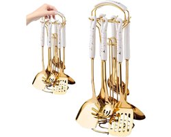 7-delige keukenset, gouden kookset met bestekhouder, vaatwasserbestendig