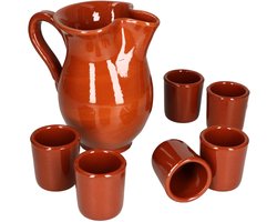 7-delige klei servies set klei kan 0.5L + 6 klei mokken 50ml bruin geglazuurd - 99546 + 6x 12970