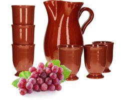7-delige klei servies set klei kan 1,9L + 6 klei mokken 175ml bruin geglazuurd