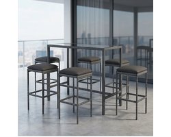 7-delige Luxe Tuin Barset met Kussens – Polyrotan Buiten Bartafel Set met 6 Krukken – Weerbestendig Tuinmeubel met Glazen Tafelblad – Modern Terras, Balkon & Tuin – Grijs | Ganeey