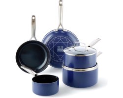 7-delige Pannenset Versterkt Met Diamanten Keramische Antiaanbaklaag - PFAS-vrij - Blauw pannenset inductie koudgrepen
