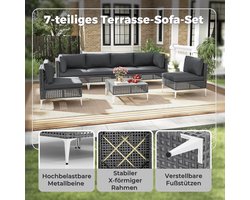 7-Delige Polyrattan Lounge Set met Kussens & Glazen Tafel – Modulair Tuinmeubelset voor Terras, Balkon & Tuin – Weerbestendig & Comfortabel – Grijs