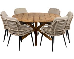 7-delige ronde tuinset | 6 Isabel tuinstoelen (Sand) | ø150cm Ayra tuintafel (Teak)