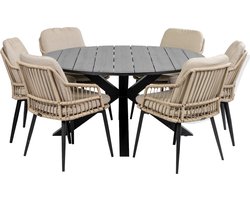 7-delige ronde tuinset | 6 Isabel tuinstoelen (Sand) | ø150cm Cyprus tuintafel (Grey)