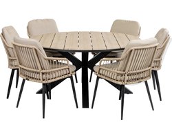 7-delige ronde tuinset | 6 Isabel tuinstoelen (Sand) | ø150cm Cyprus tuintafel (Wood)
