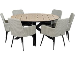7-delige ronde tuinset | 6 Pisa tuinstoelen (White) | ⌀150cm Cyprus tuintafel (Wood)