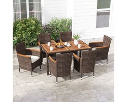 7-Delige Rotan Tuinmeubelset Zitgroep met Acaciahouten Tuintafel & 6 Stoelen – Bruin – Voor 6 Personen – Medahomestore - tafel 150 x 90 x 74 cm (l x b x h)