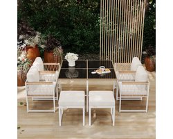7-delige set voor buitentafel en stoelen voor 6 personen, tafel van gehard glas met PE-rotan omwikkeling, leuning van acaciahout, geschikt voor dineren in de achtertuin en in de tuin.