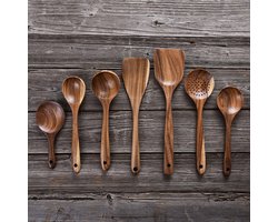 7-delige teakhouten kooklepelset - handgemaakt - antiaanbaklaag hittebestendig - houten bestek - glad oppervlak - keukenlepelset - houten bestekset voor de keuken - roerlepel - platte spatelset - keukengereedschap - houtkleur