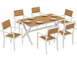 7-delige Tuin Eetset Houtlook – Aluminium Frame met Afwerking - Tafel met 6 Stapelbare Stoelen, Roestvrij & Stabiel