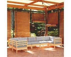7-delige tuinmeubelset met grijze kussens, grenenhout, balkonmeubelsets, tuinmeubelsets, outdoor meubelsets, terrasmeubelsets voor terras, tuin, balkon