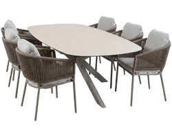 7-delige tuinset | 6 Brindsi tuinstoelen (Latte & Camel) | Tuintafel Malaga 240x115cm (Camel)