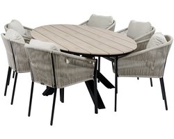 7-delige tuinset | 6 Elvira tuinstoelen (Black) | Tuintafel Cyprus 220x115cm (Wood)