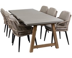 7-delige tuinset | 6 Isabel tuinstoelen (Sand/Black) | Tuintafel Rock 235x95 cm (Beton)