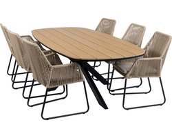 7-delige tuinset | 6 Mona tuinstoelen (Sand) | Tuintafel Cadiz 240x115cm (Black)