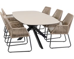 7-delige tuinset | 6 Mona tuinstoelen (Sand) | Tuintafel Malaga 240x115cm (Black)