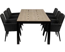 7-delige tuinset | 6 Pisa stoelen (Black) | 225cm Cyprus tuintafel (Wood)